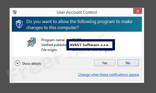 Screenshot where AVAST Software s.r.o. appears as the verified publisher in the UAC dialog